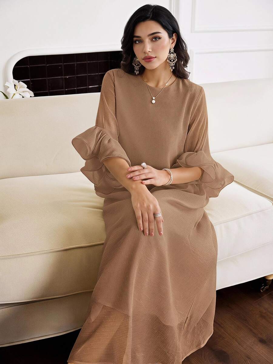 Al Najma 女款純色圓領荷葉袖寬鬆阿拉伯傳統長洋裝 摩卡棕色 夏季端莊優雅晚宴派對禮服