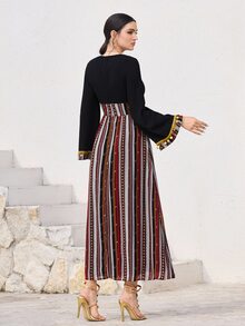 Al Najma Women's Sequin Fringe Decor Waist Cinched Patchwork Pattern Flare Sleeve Arabic Style Dress, Suitable For Spring/Autumn Holiday - Black - View 3