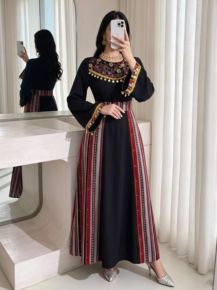 Al Najma Women's Sequin Fringe Decor Waist Cinched Patchwork Pattern Flare Sleeve Arabic Style Dress, Suitable For Spring/Autumn Holiday