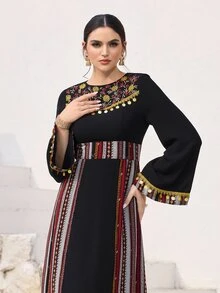 Al Najma Women's Sequin Fringe Decor Waist Cinched Patchwork Pattern Flare Sleeve Arabic Style Dress, Suitable For Spring/Autumn Holiday - Black - View 4