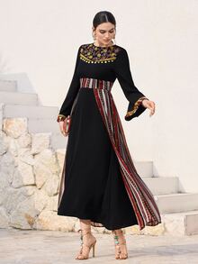 Al Najma Women's Sequin Fringe Decor Waist Cinched Patchwork Pattern Flare Sleeve Arabic Style Dress, Suitable For Spring/Autumn Holiday - Black - View 6