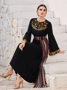 Al Najma Women's Sequin Fringe Decor Waist Cinched Patchwork Pattern Flare Sleeve Arabic Style Dress, Suitable For Spring/Autumn Holiday - Black - View 8