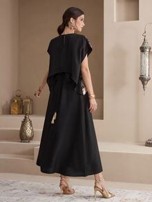 Al Najma 女款亮片刺繡土耳其式端莊優雅長洋裝 阿拉伯傳統 Abaya 阿拉伯風長款 Kaftan 外袍 Jalabiya 伴娘婚禮黑色秋季 - 黑色 - 查看 2