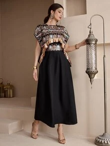 Al Najma 女款亮片刺繡土耳其式端莊優雅長洋裝 阿拉伯傳統 Abaya 阿拉伯風長款 Kaftan 外袍 Jalabiya 伴娘婚禮黑色秋季 - 黑色 - 查看 7