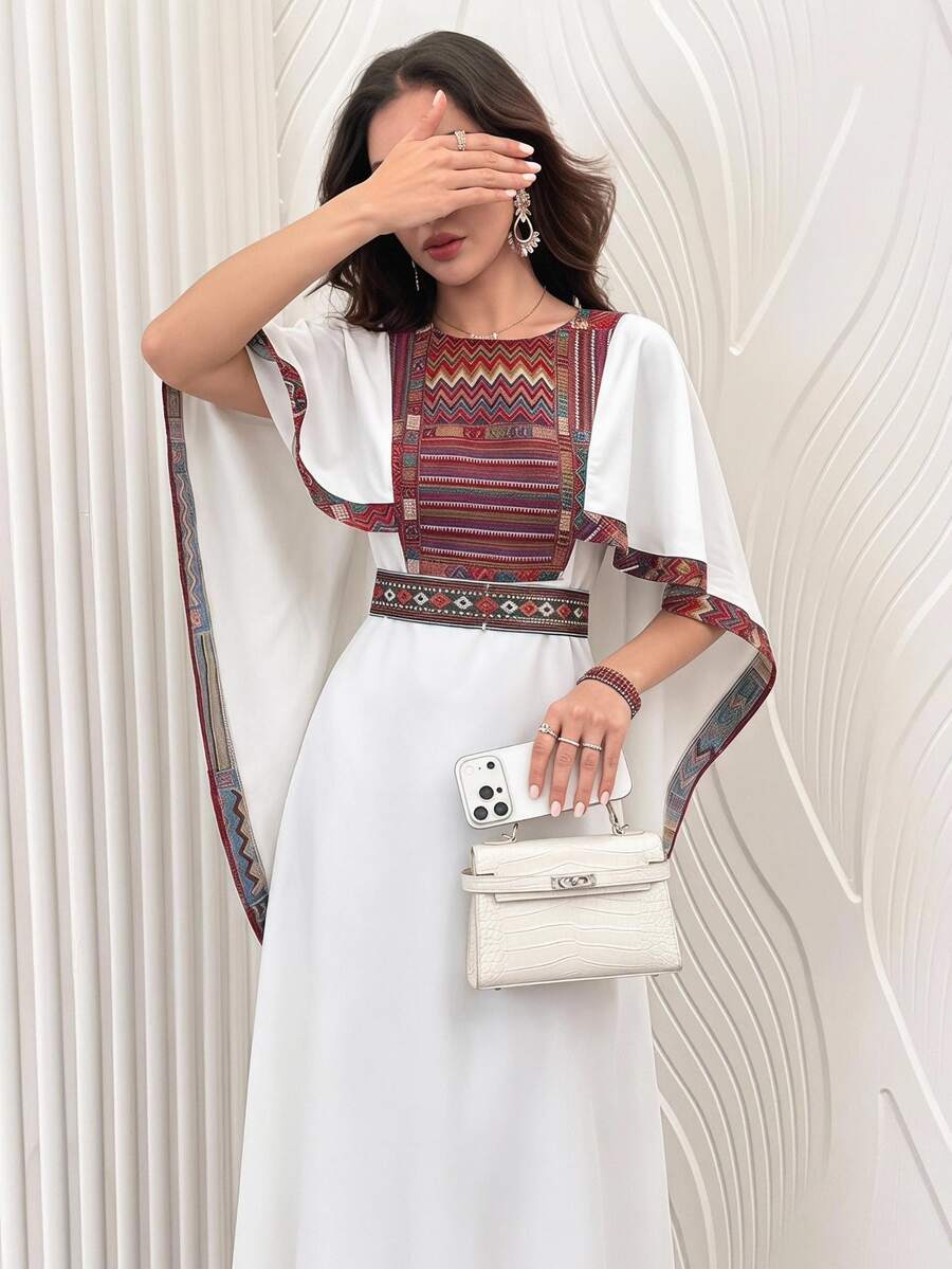 Al Najma Al-Adha Women's Round Neck Geometric Pattern Arabian Dress Filipiniana Modest Irish Kaftan Robe Abaya White Long Wedding Formal Confirmation Winter - White - View 1
