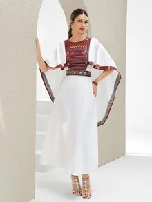 Al Najma Al-Adha Women's Round Neck Geometric Pattern Arabian Dress Filipiniana Modest Irish Kaftan Robe Abaya White Long Wedding Formal Confirmation Winter - White - View 3