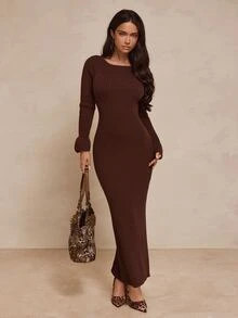 Glamine Women's Solid Color Elegant Sexy Ribbed Knit Dress With Flared Sleeves And Back Slit Going Out Dark Brown Fall - Coffee Brown - View 2