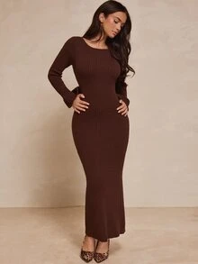Glamine Women's Solid Color Elegant Sexy Ribbed Knit Dress With Flared Sleeves And Back Slit Going Out Dark Brown Fall - Coffee Brown - View 6