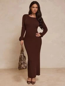 Glamine Women's Solid Color Elegant Sexy Ribbed Knit Dress With Flared Sleeves And Back Slit Going Out Dark Brown Fall - Coffee Brown - View 5
