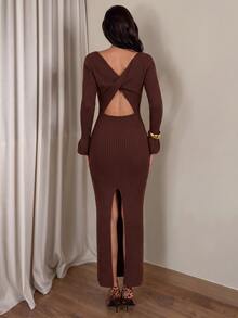 Glamine Women's Solid Color Elegant Sexy Ribbed Knit Dress With Flared Sleeves And Back Slit Going Out Dark Brown Fall - Coffee Brown - View 3