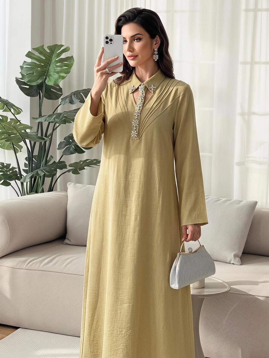 Al Najma Women's Elegant Decent Casual Arabic Style Long Sleeve Dress With Rhinestone Collar Decor Formal Autumn