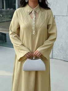 Al Najma Women's Elegant Decent Casual Arabic Style Long Sleeve Dress With Rhinestone Collar Decor Formal Autumn - Mustard Yellow - View 8