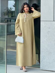 Al Najma Women's Elegant Decent Casual Arabic Style Long Sleeve Dress With Rhinestone Collar Decor Formal Autumn - Mustard Yellow - View 7
