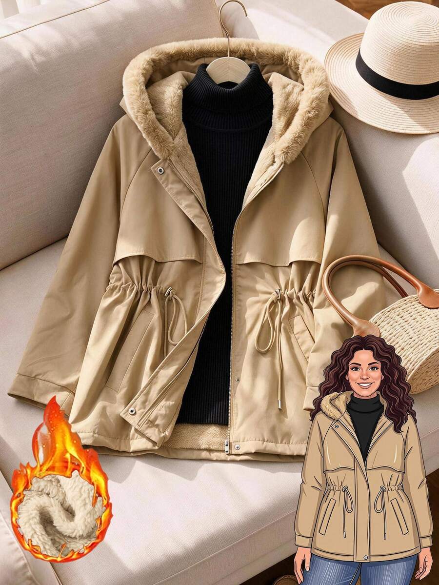 Rusticease Plus Size Khaki Drawstring Zip Faux Fur Trim Hooded Extra Long Sleeve Padded Coat Casual Cargo Outerwear Fall Winter 2026 Homewear Office - Apricot - View 1
