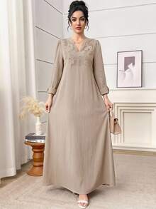 Al Najma Women's Elegant Arabic Style Contrast Lace V-Neck Long Sleeve Dress - Apricot - View 1