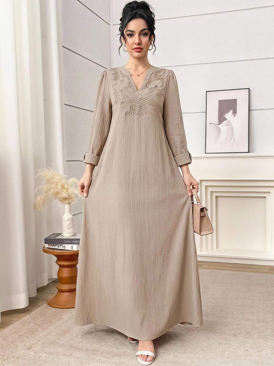 Al Najma Women's Elegant Arabic Style Contrast Lace V-Neck Long Sleeve Dress - Apricot - View 1