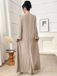 Al Najma Women's Elegant Arabic Style Contrast Lace V-Neck Long Sleeve Dress - Apricot - View 2