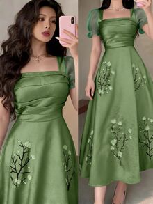 Feyla Chic Women's Green A Line Maxi Dress With Delicately Embroidered Blossom Branches Square Neck And Organza Puff Sleeves - Green - View 4