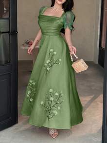 Feyla Chic Women's Green A Line Maxi Dress With Delicately Embroidered Blossom Branches Square Neck And Organza Puff Sleeves - Green - View 6