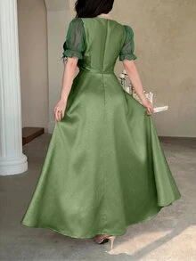 Feyla Chic Women's Green A Line Maxi Dress With Delicately Embroidered Blossom Branches Square Neck And Organza Puff Sleeves - Green - View 3