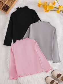 SHEIN 女童荷葉邊修飾假領底層上衣，春秋季少女兔子刺繡長袖T恤，嬰兒內著上衣，3件隨機4件 - 彩色 - 查看 2