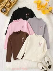 SHEIN 女童荷葉邊修飾假領底層上衣，春秋季少女兔子刺繡長袖T恤，嬰兒內著上衣，3件隨機4件 - 彩色 - 查看 8