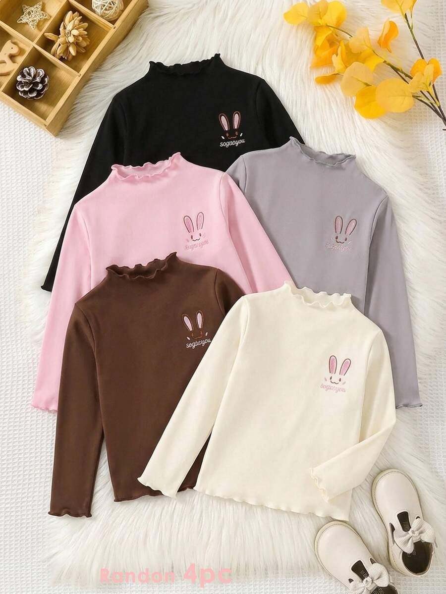 SHEIN Atasan Dalaman Anak Perempuan dengan Hiasan Rumbai dan Kerah Tinggi, Kaos Lengan Panjang Bordir Kelinci untuk Anak Perempuan Musim Semi/Gugur, Atasan Pakaian Dalam Bayi, 3pcs Acak 4pcs - MultiWarna - View 1