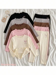SHEIN 女童荷葉邊修飾假領底層上衣，春秋季少女兔子刺繡長袖T恤，嬰兒內著上衣，3件隨機4件 - 彩色 - 查看 1