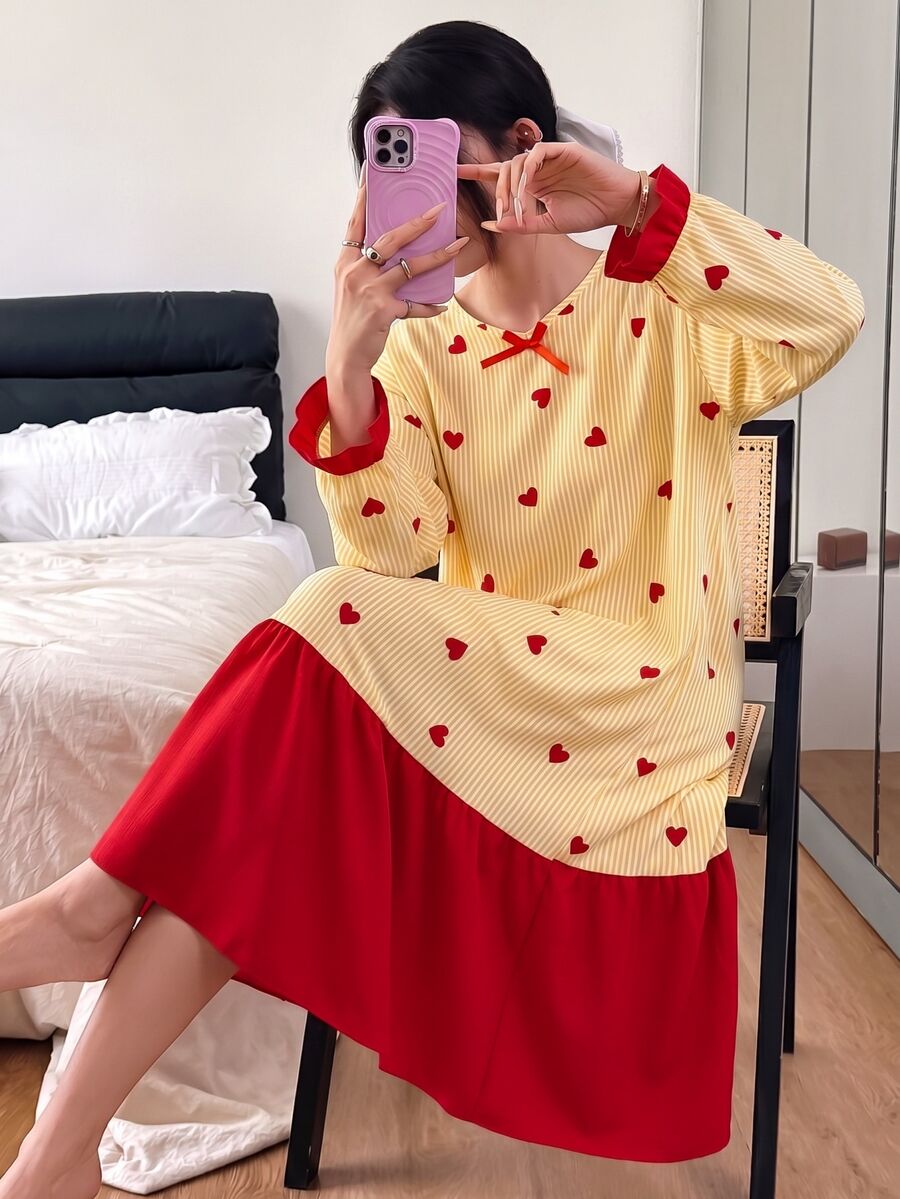 Dream Adore Yellow Heart Print Colorblock Ruffle Hem Long Women's Nightgown Home Sleep Autumn Cute Fairy - Multicolor - View 1