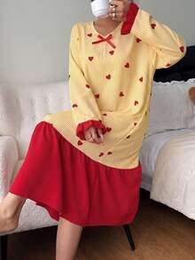 Dream Adore Yellow Heart Print Colorblock Ruffle Hem Long Women's Nightgown Home Sleep Autumn Cute Fairy - Multicolor - View 5