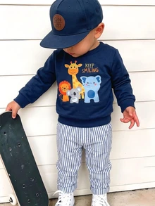 SHEIN 2pcs/Set Toddler Boy Cute Giraffe Graphic Round Neck Regular Long Sleeve Pullover Sweatshirt & Striped Sweatpants Joggers Set Fall - Navy Blue - View 6