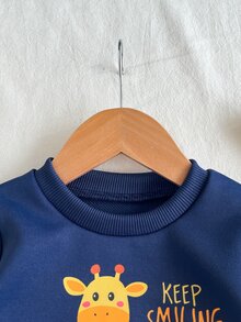 SHEIN 2pcs/Set Toddler Boy Cute Giraffe Graphic Round Neck Regular Long Sleeve Pullover Sweatshirt & Striped Sweatpants Joggers Set Fall - Navy Blue - View 4