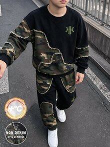 青少年男孩休閒簡約迷彩拼色印花圓領衛衣與運動長褲兩件套，適合秋冬戶外運動穿著 - 彩色 - 查看 1