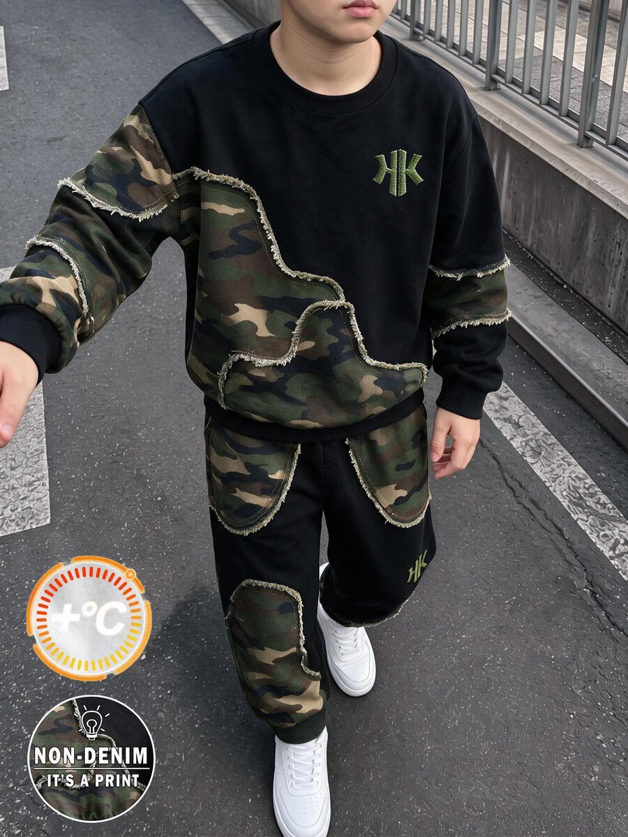 青少年男孩休閒簡約迷彩拼色印花圓領衛衣與運動長褲兩件套,適合秋冬戶外運動穿著 - 彩色 - 查看 1