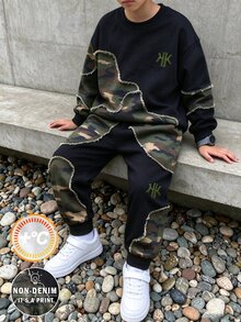 青少年男孩休閒簡約迷彩拼色印花圓領衛衣與運動長褲兩件套，適合秋冬戶外運動穿著 - 彩色 - 查看 3