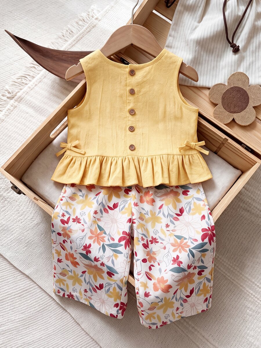 SHEIN LMoss Kids Baby Girl Pastel Yellow Summer Funny Vacation Holiday Outfits,Bow Decor Ruffle Hem Buttoned Camisole & Floral Wide Leg Pants Set For Toddler Girl - Yellow - View 1