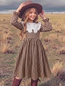 Tween Girl Tween Girl Autumn/Winter Casual Vacation Elegant Commute Woven Plaid Patchwork Embroidered Large Lapel Ruched Princess Hem Dress Khaki - Khaki - View 6
