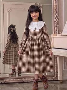Tween Girl Tween Girl Autumn/Winter Casual Vacation Elegant Commute Woven Plaid Patchwork Embroidered Large Lapel Ruched Princess Hem Dress Khaki - Khaki - View 4