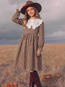 Tween Girl Tween Girl Autumn/Winter Casual Vacation Elegant Commute Woven Plaid Patchwork Embroidered Large Lapel Ruched Princess Hem Dress Khaki - Khaki - View 5