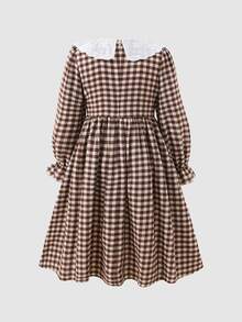 Tween Girl Tween Girl Autumn/Winter Casual Vacation Elegant Commute Woven Plaid Patchwork Embroidered Large Lapel Ruched Princess Hem Dress Khaki - Khaki - View 2