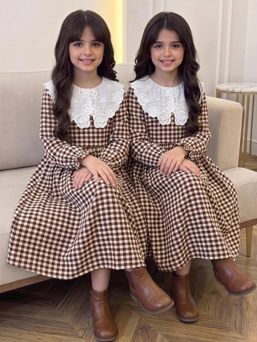 Tween Girl Tween Girl Autumn/Winter Casual Vacation Elegant Commute Woven Plaid Patchwork Embroidered Large Lapel Ruched Princess Hem Dress Khaki - Khaki - View 1