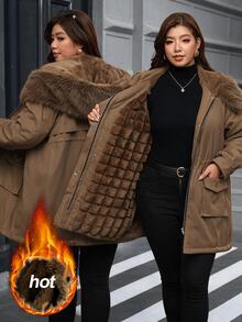 SHEIN Clasi Plus Size Button Drawstring Faux Fur Collar Patchwork Hooded Jacket Thanksgiving Club Office Party Holiday Going Out Brown Winter Casual Cargo Baggy - Brown - View 4