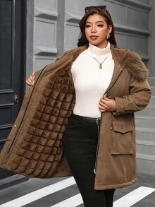 SHEIN Clasi Plus Size Button Drawstring Faux Fur Collar Patchwork Hooded Jacket Thanksgiving Club Office Party Holiday Going Out Brown Winter Casual Cargo Baggy - Brown - View 7