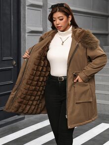 SHEIN Clasi Plus Size Button Drawstring Faux Fur Collar Patchwork Hooded Jacket Thanksgiving Club Office Party Holiday Going Out Brown Winter Casual Cargo Baggy - Brown - View 19