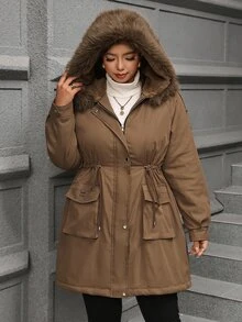 SHEIN Clasi Plus Size Button Drawstring Faux Fur Collar Patchwork Hooded Jacket Thanksgiving Club Office Party Holiday Going Out Brown Winter Casual Cargo Baggy - Brown - View 8