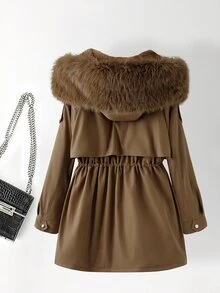 SHEIN Clasi Plus Size Button Drawstring Faux Fur Collar Patchwork Hooded Jacket Thanksgiving Club Office Party Holiday Going Out Brown Winter Casual Cargo Baggy - Brown - View 14