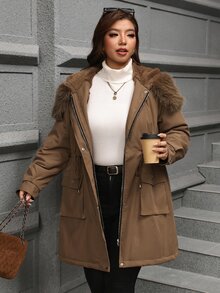 SHEIN Clasi Plus Size Button Drawstring Faux Fur Collar Patchwork Hooded Jacket Thanksgiving Club Office Party Holiday Going Out Brown Winter Casual Cargo Baggy - Brown - View 11