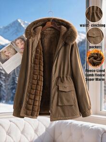 SHEIN Clasi Plus Size Button Drawstring Faux Fur Collar Patchwork Hooded Jacket Thanksgiving Club Office Party Holiday Going Out Brown Winter Casual Cargo Baggy - Brown - View 17