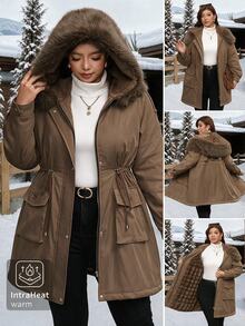 SHEIN Clasi Plus Size Button Drawstring Faux Fur Collar Patchwork Hooded Jacket Thanksgiving Club Office Party Holiday Going Out Brown Winter Casual Cargo Baggy - Brown - View 2