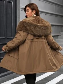 SHEIN Clasi Plus Size Button Drawstring Faux Fur Collar Patchwork Hooded Jacket Thanksgiving Club Office Party Holiday Going Out Brown Winter Casual Cargo Baggy - Brown - View 6
